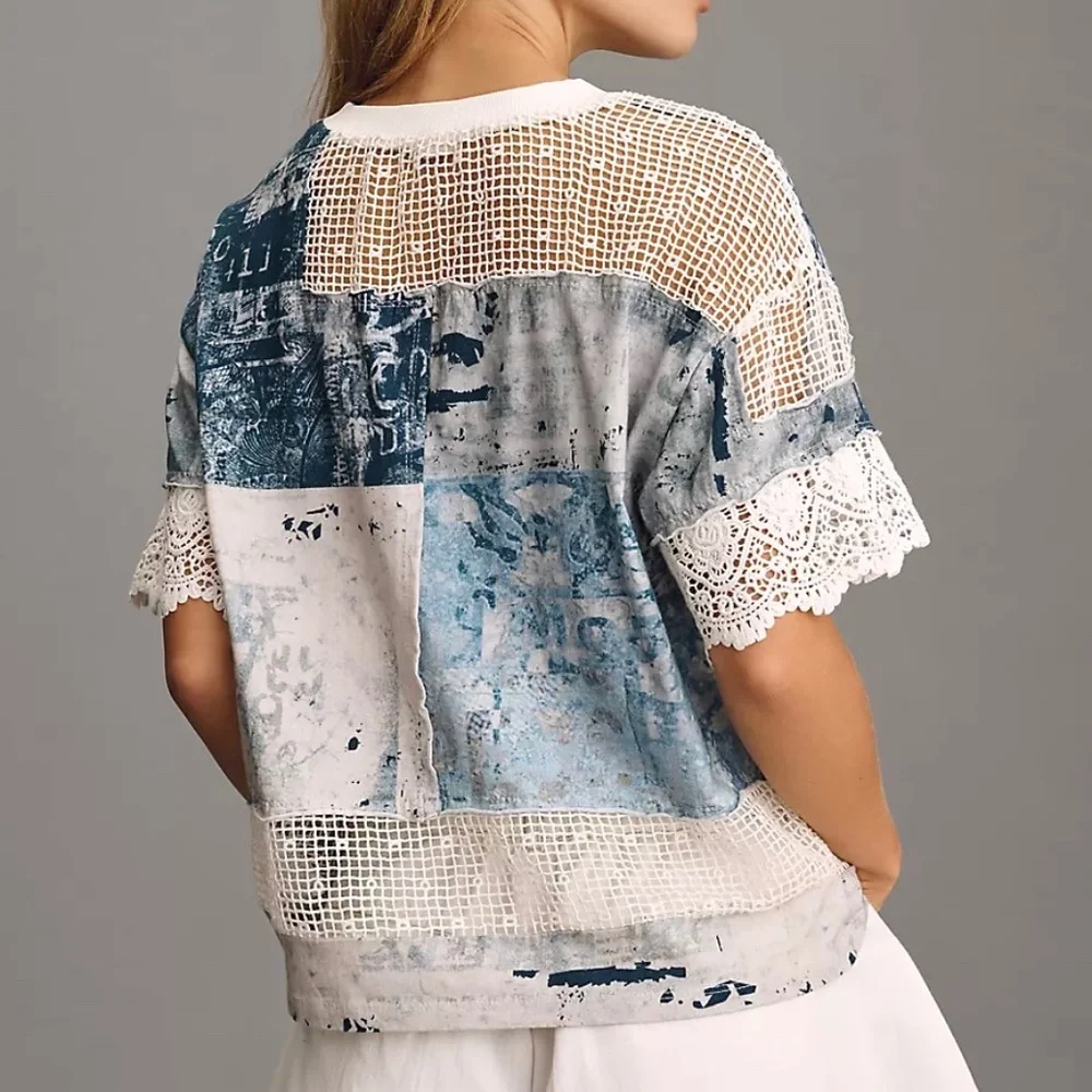Anthropologie Pilcro Mixed Media Torn Lace Tee Blouse Short Sleeve Top Boho - Picture 2 of 12